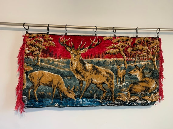 vintage velvet tapestry - deer woodland scene - green brown blue, red fringe, velvet wall hanging  18 inches by 37 inches