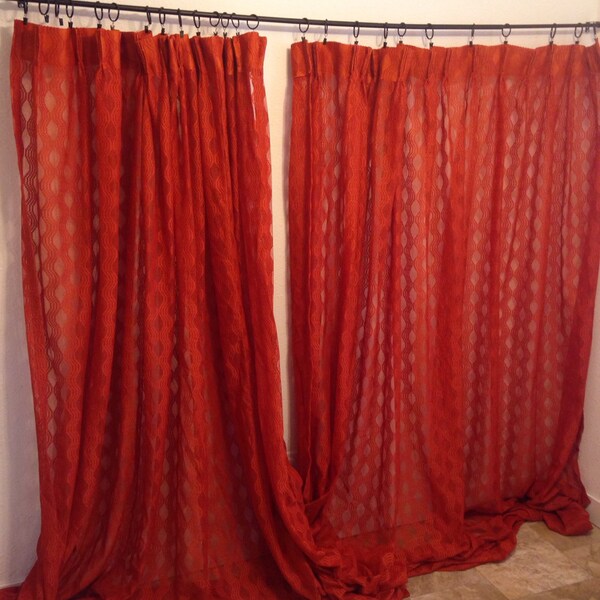Vintage Curtains, Orange Curtains, Long Orange Drapes, Mesh Curtains, Net Curtains, Vintage Draper, Long Sheer Curtains