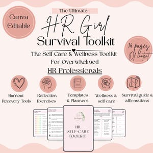 Könnte beinhalten: Eine digitale HR-Selbstfürsorge- und Wellness-Toolkit-Vorlage mit 14 Inhaltsseiten. Das Design umfasst rosa kreisförmige Symbole, den Text The Ultimate HR Girl Survival Toolkit und fünf Dokumentenvorschauen mit Checklisten und Planern.