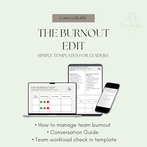 Peut inclure: Un produit numérique intitulé "THE BURNOUT EDIT" avec le texte "SIMPLE TEMPLATES FOR LEADERS". L'image montre un ordinateur portable, une tablette et un smartphone affichant des modèles pour gérer l'épuisement professionnel de l'équipe. Le produit comprend un guide de conversation et un modèle de contrôle de la charge de travail de l'équipe.