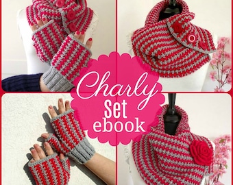 KNITTING PATTERN Set Cowl and Mittens Gloves two colors cowl scarf  Charly cowl Fingerless Mitts pdf pattern Instant Download Tutorial
