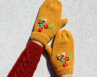 KNITTING PATTERN Floral Bouquet Mittens Gloves, easy knitting mittens pattern embroidery flowers knit gloves pdf Pattern Instant Download