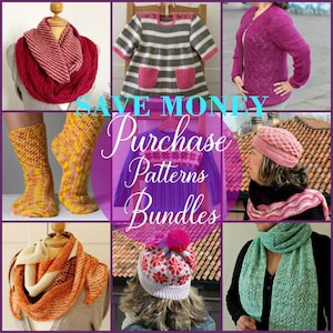 May include: A collage of knitted items, including a pink and white striped dress, a pink cardigan, a green scarf, a pink and white hat, a yellow and pink pair of socks, a pink and white scarf, and an orange and white scarf. The text "SAVE MONEY Purchase Patterns Bundles" is in the center of the collage.