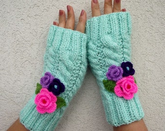 KNITTING PATTERN MITTENS Camila Mittens Fingerless Gloves Crochet Flowers Adult  Toddler size Winter cozy mittens pdf Instant Download