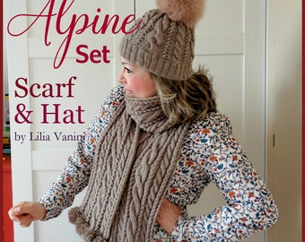 KNITTING PATTERN Scarf Hat Alpine Set Knit cables scarf and hat patterns pdf Instant Download easy pattern for beginners scarf pompom hat