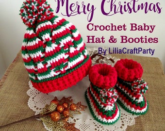 CROCHET  PATTERN Christmas Baby Set crochet Baby hat pattern crochet baby booties pattern holiday gift for babies pdf crochet pattern