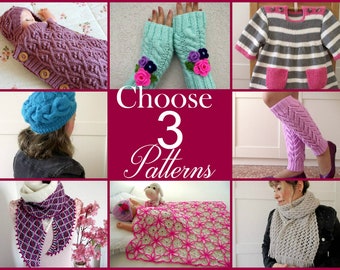 PATTERN DISCOUNT - CHOOSE 3 - Knitting & Crochet Patterns Your choice of 3 patterns Instant Download Tutorials with clear instructions