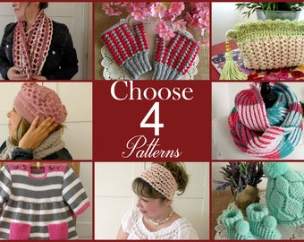 Knitting and Crochet PATTERN DISCOUNT - CHOOSE 4 - Your choice of 4 patterns Instant Download Step by Step instructions