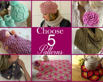 PATTERN DISCOUNT - CHOOSE 5 - Knitting & Crochet Patterns Your choice of 5 patterns Instant Download Tutorials with clear instructions