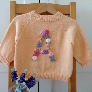 Floral Initial Embroidery and Knitting baby sweater DIY Embroidery Letters and knitting baby raglan sweater pdf pattern Instant Download