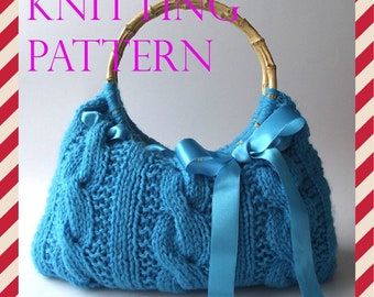 KNITTING BAG PATTERN Handbag with Lace Ribbon - Lucia Bag - pdf file Instant Download Handbag knitting Tote cables bag