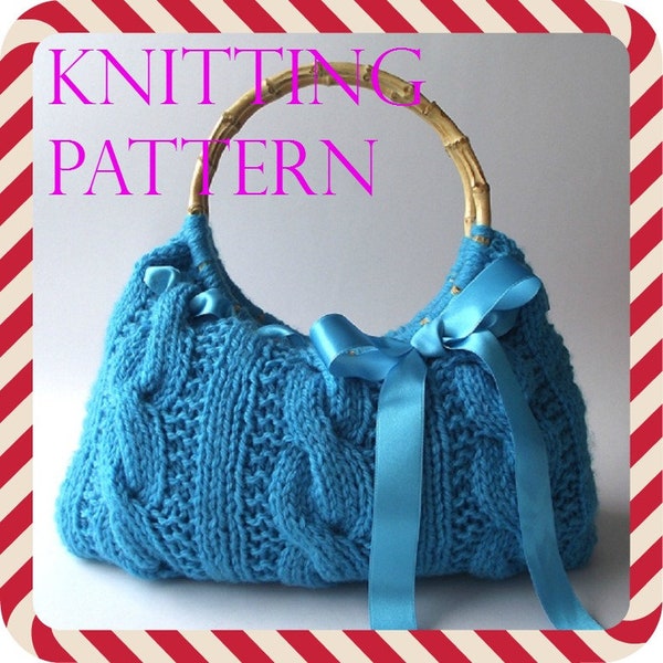 KNITTING BAG PATTERN Handbag with Lace Ribbon - Lucia Bag - pdf file Instant Download Handbag knitting Tote cables bag