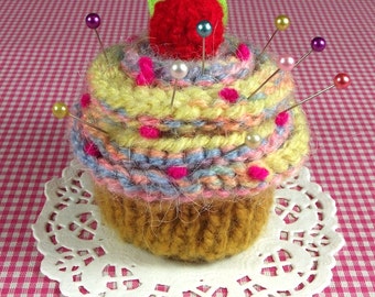 KNITTING PATTERN PINCUSHION Cupcake Needlecraft Cherry Candy Ornament Sewing Amigurumi knit crochet Food pdf Pattern Instant Download