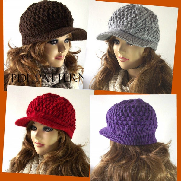 KNITTING HAT PATTERN Newsboy Hat - Claire Newsboy Hat - Knitted Winter Brim Cap woman Hat pdf pattern Instant Download