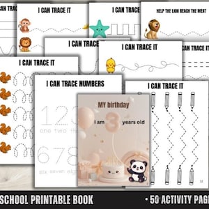 Puede incluir: Un libro imprimible para preescolar con 50 páginas de actividades. Las páginas presentan ejercicios de trazado con animales, números y formas. Una página tiene el texto "My birthday I am 3 years old" con una ilustración de pastel y panda.