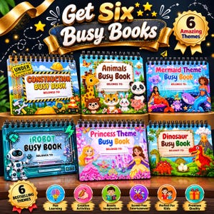 May include: An assortment of six spiral-bound "Busy Books" with various themes, including construction, animals, mermaids, robots, princesses, and dinosaurs. Each book features colorful illustrations and the text "Busy Book" with space to write "Belongs To:"