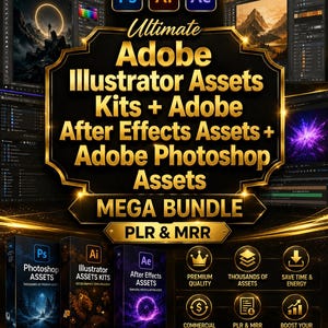 Pode incluir: Um pacote de produtos digitais com recursos do Adobe Photoshop, Illustrator e After Effects. O gráfico exibe texto dourado em um fundo preto, listando kits, licenças PLR e MRR, e ícones de qualidade premium, milhares de recursos e uso comercial.