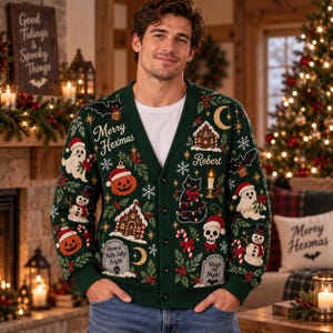 May include: A dark green V-neck button-down cardigan featuring a festive holiday and Halloween pattern. The knit design includes ghosts, pumpkins, snowmen, skulls, tombstones, a black cat, and the text Merry Hexmas and Robert.