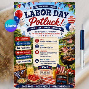 May include: A Labor Day Potluck invitation flyer featuring red, white, and blue balloons, a picnic basket, a grill, and an American flag. The text includes event details for September 2, 2024, at Riverside Community Park, with RSVP information.