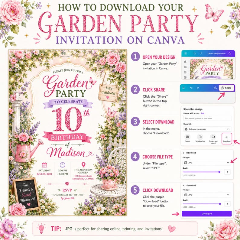 Wildflower Garden Party Invitation, Bright Floral Birthday Invite, Pink ...