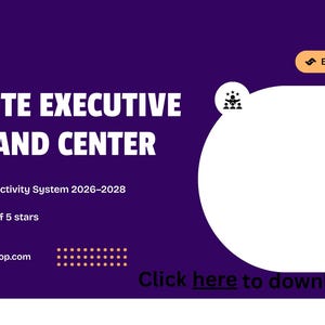 Puede incluir: Gráfico púrpura con el texto "ONENOTE EXECUTIVE COMMAND CENTER" y "Leadership & Productivity System 2026-2028". Incluye el logotipo de ExecNoteShop, una dirección web y una llamada a la acción: "Click here to download".