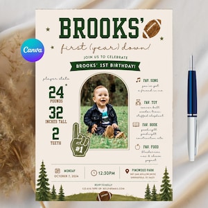 Boys Sports First Birthday Invitation, Editable "First Year Down" Template (Digital Download)