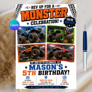 Monster Truck Geburtstagseinladung, bearbeitbare Canva Vorlage (digitaler Download)