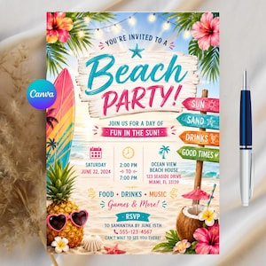 Bewerkbare strandverjaardagsuitnodiging, sjabloon zomerfeest (Canva 5 x 7 digitale download)