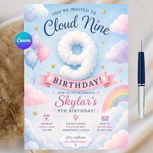 Editable Cloud Nine Invitation Card, 9th Birthday Party Invitation, (Canva Template 5x7 Digital Download)