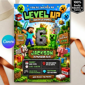 May include: A digital birthday invitation card featuring a blocky, pixelated theme with a large number six, a character holding a sword, a green creature, a wolf, and a pig. The text reads YOU'RE INVITED TO LEVEL UP AND CELEBRATE! JACKSON IS TURNING SIX!