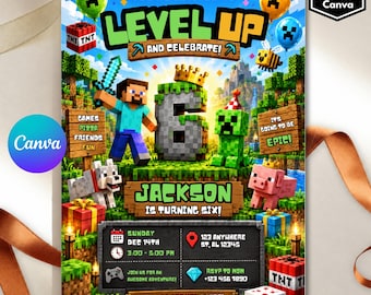 Pixel Block Birthday Party Invitation Template, MineCraffterr Boys Birthday Party Invite, Gamer Invitation, High Quality Canva Template