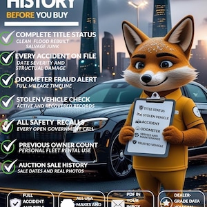 May include: A digital graphic featuring an anthropomorphic fox in a yellow shirt holding a clipboard with vehicle report categories. The text reads KNOW THE HISTORY BEFORE YOU BUY, listing services like title status, accident history, and odometer fraud alerts.