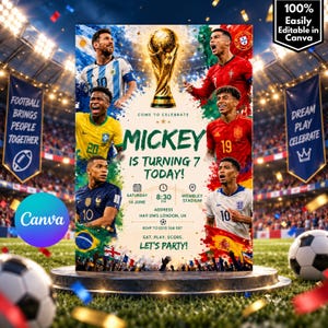 Może przedstawiać: Plakat z zaproszeniem na urodziny ze złotym trofeum u góry, sześcioma piłkarzami w różnych strojach narodowych oraz tekstem: Mickey is turning 7 today! Saturday 14 June, 8:30 PM, Wembley Stadium, HA9 0WS London, UK.