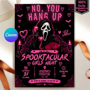 Könnte beinhalten: Eine schwarz-rosa Halloween-Partyeinladung mit einer maskierten Figur, die ein Telefon hält. Der Text lautet: NO, YOU HANG UP, SPOOKTACULAR GIRLS NIGHT, OCTOBER 31, JOSEPHINE'S HAUNTED HOUSE, 13 SPOOKY LANE, MA 2134, FROM 5PM TO 7PM, RSVP TO JOANNA 123 456 789.
