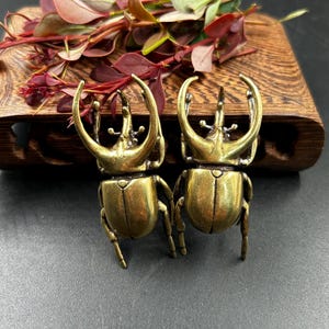 Puede incluir: Dos figuras de escarabajos de latón con cuernos grandes y curvos y cuerpos detallados. Los escarabajos están colocados uno al lado del otro sobre una superficie oscura, con un bloque de madera y follaje rojo y verde en el fondo. Los escarabajos son dorados.