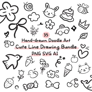Può includere: Una collezione di 35 illustrazioni di doodle art disegnate a mano in bianco e nero. Il set include vari disegni a linea di un coniglietto, torta, ape, corona, cuori, fiori e altri elementi stravaganti. Il testo recita "Cute Line Drawing Bundle".