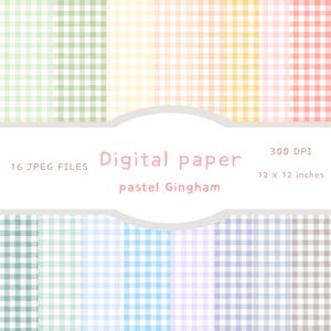 Może przedstawiać: Zestaw papieru cyfrowego z pastelowymi wzorami w kratkę gingham w różnych kolorach, w tym zielonym, brzoskwiniowym, żółtym i różowym. Obraz zawiera tekst "Digital paper pastel Gingham" i wymiary "12 x 12 inches".