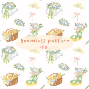 Może przedstawiać: Powtarzający się wzór z konewkami, bukietami, koszami z chlebem, kaloszami, kapeluszami i kokardkami. Projekt zawiera tekst "Seamless pattern Jpg". Paleta kolorów obejmuje biel, zieleń, żółty, różowy i niebieski.
