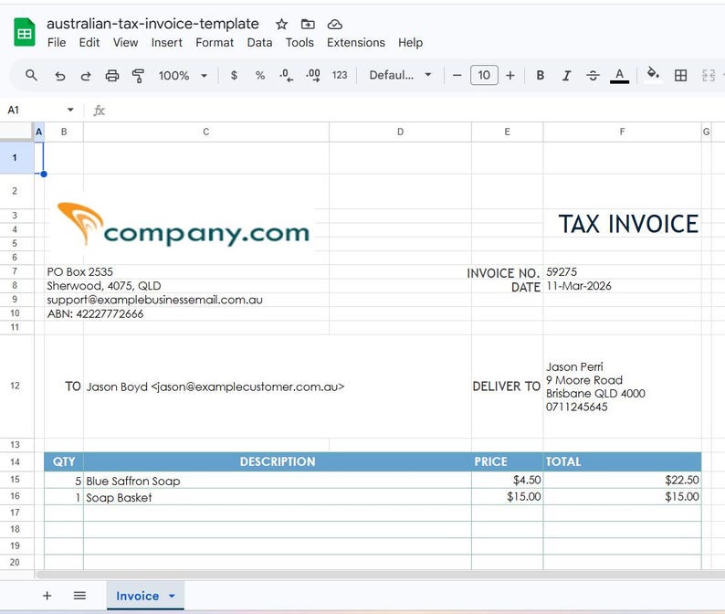 Australian Tax Invoice Template With GST - Google Sheets, Excel, Export