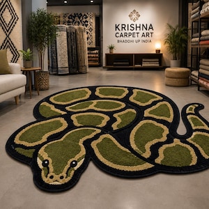 May include: A snake-shaped area rug featuring a textured surface with a pattern of dark green, olive green, and tan patches outlined in black. The rug is designed in the form of a coiled serpent with a distinct head, body, and tail section.