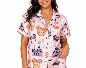 Halloween-Pyjama-Set, kurze, rosa Satin-Pyjamas, gruseliger Kürbis-Geister-Pyjama, süßes Herbst-Nachtwäsche-Geschenk für Damen