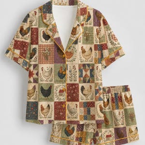 Vintage Chicken Patchwork Satin Pajamas Set Cottagecore Rooster Sleepwear Short Long Sleeve Pjs Gift