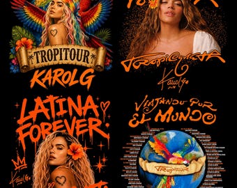 May include: A black graphic print featuring four panels of Karol G tour imagery. Designs include portraits with colorful parrots, tropical flowers, and text reading Viajando Por El Mundo, Latina Forever, Tropitour, and Tropicoqueta with tour dates.
