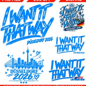 Puede incluir: Un conjunto de gráficos digitales con texto en azul estilo pincelada I WANT IT THAT WAY y los nombres AJ, KEVIN, NICK, HOWIE y BRIAN. Incluye horizontes de DÜSSELDORF 2026 y LAS VEGAS 2026, corazones, estrellas y un elemento de la bandera alemana.
