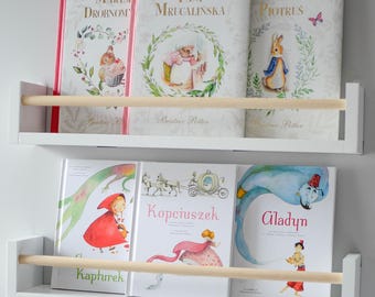 Estante para libros infantiles con riel de madera / Estante de pared para guardería / Decoración de pared para habitación infantil, regalo para niños pequeños, almacenamiento frontal