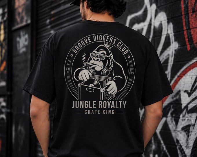 Featured listing image: Jungle Royalty - Crate King Gorilla DJ T-Shirt, Vinyl Record Collector Shirt, DJ Back Print Tee, Music Lover Gift
