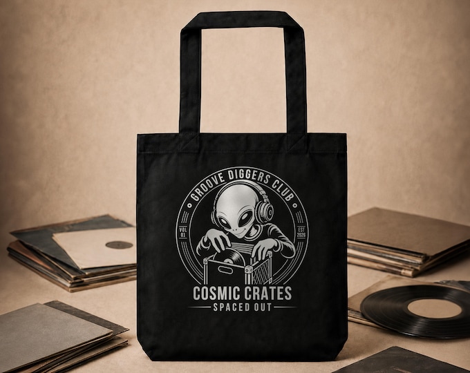 Featured listing image: Alien Vinyl Record Tote Bag, 12 Inch LP Carrier, DJ Canvas Bag