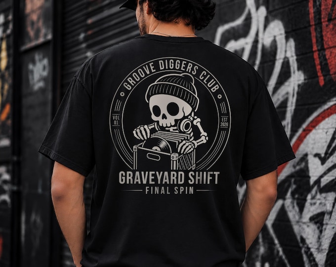 Featured listing image: Graveyard Shift - Final Spin Skeleton DJ T-Shirt, Vinyl Record Collector Shirt, DJ Back Print Tee, Music Lover Gift