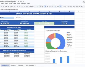 Small Business Bookkeeping Google Sheets P&L Template Profit Loss Income Expense Tracker Freelancer Solopreneur