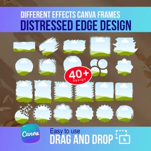 May include: A graphic showcasing various Canva frames with distressed edge designs. The image features over 40 designs, including rectangular, circular, and uniquely shaped frames, each with a sky and grassy landscape. Text includes "Different Effects Canva Frames," "Distressed Edge Design," and "Drag and Drop."